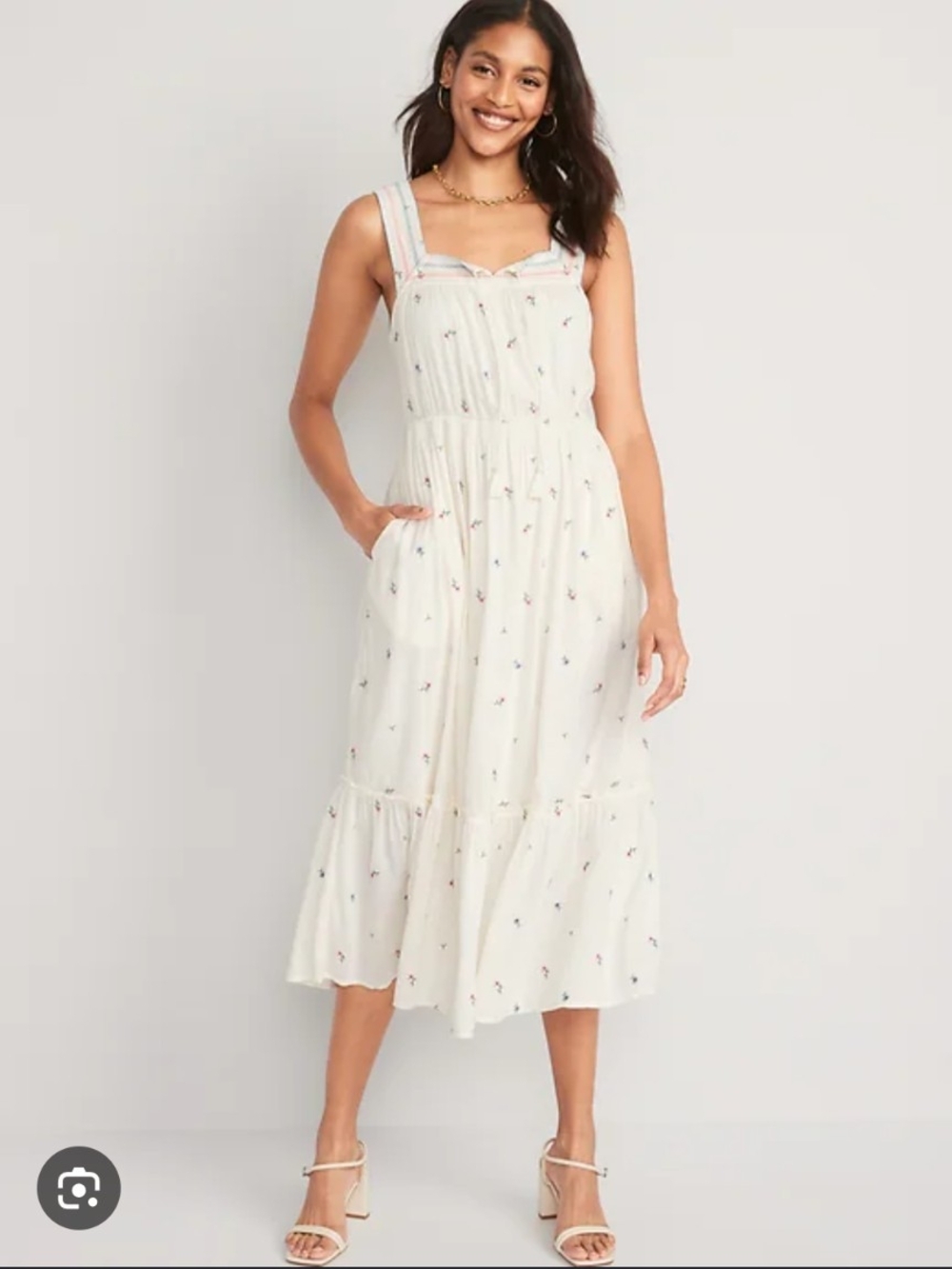Cream Floral Midi Dress with Floral Embroidery Ruffled Hem Medium